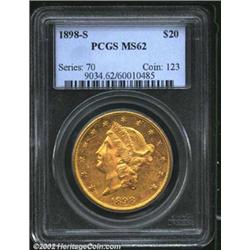 1898-S $20 MS62 PCGS. A prooflike specimen that is well struck except for the right side obverse sta
