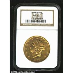 1898-S $20 MS62 NGC. Deep golden surfaces with some prooflike reflectivity. Well struck and defined.