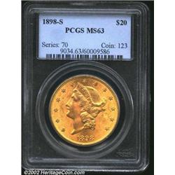 1898-S $20 MS63 PCGS. The original, light-green colored surfaces are sharply struck with pleasing ca