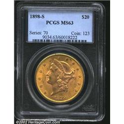 1898-S $20 MS63 PCGS. Lustrous and well struck with a hint of orange-gold patina on the devices. As.