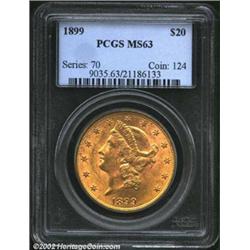 1899 $20 MS63 PCGS. Soft yellow surfaces with nice luster. A typical number of marks for the grade..