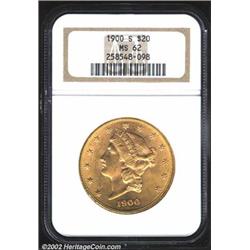 1900-S $20 MS62 NGC. A flashy and well struck Double Eagle. The obverse field has the expected luste