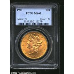 1901 $20 MS63 PCGS. Golden, untoned surfaces with scattered field marks and luster grazes that are t