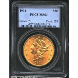 1901 $20 MS64 PCGS. A gorgeous near-Gem with flashy fields and unblemished surfaces. While the 1901.