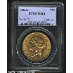 1902-S $20 MS62 PCGS. Lustrous and well struck with rich peach patina around the portrait. Only ligh