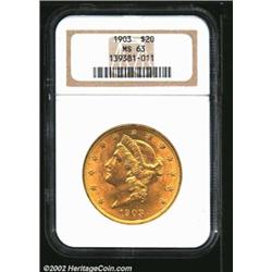 1903 $20 MS63 NGC. Warm, golden surfaces with nice luster and strong strike. A couple of bag marks o