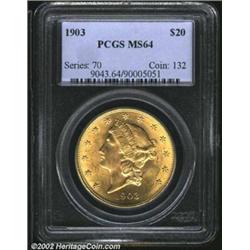 1903 $20 MS64 PCGS. A well struck and lustrous near-Gem with pleasing eye appeal. A good choice for.