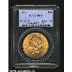 1903 $20 MS64 PCGS. A conditionally scarce type coin. Minimal abrasions and soft, golden patina acce