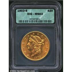 1903-S $20 MS63 ICG. Richly lustrous and semi-prooflike surfaces. Bold strike. Some typical field ma
