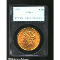 1904 $20 MS64 PCGS. A lustrous near-Gem with a nearly pristine reverse. While the 1904 is not a rare