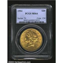 1904 $20 MS64 PCGS. Softly lustrous, bright golden surfaces. A good strike and clean fields put this