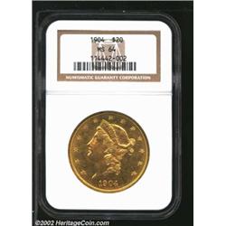 1904 $20 MS64 NGC. Bright golden surfaces with prooflike reflectivity. A coin with a typical number.