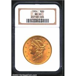 1904 $20 MS65 NGC. Sharply defined with bright, satin-like mint luster and just the tiniest abrasion