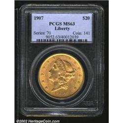 1907 $20 MS63 PCGS. A bit softly struck with soft, subdued luster characteristics. Important notice: