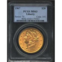 1907 $20 MS63 PCGS. A lustrous and lovely representative with a nearly pristine reverse and a few un