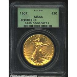 1907 $20 High Relief, Wire Rim MS66 PCGS. A direct order from President Theodore Roosevelt overruled