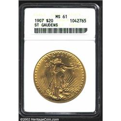 1907 $20 Arabic Numerals MS61 ANACS. A lustrous and unabraded representative of this first-year issu
