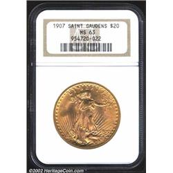 1907 $20 Arabic Numerals MS63 NGC. A lustrous beauty with honey-gold patina and clean fields. Althou