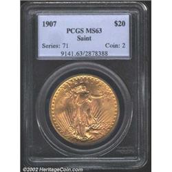 1907 $20 Arabic Numerals MS63 PCGS. A moderately well struck example with a dark orange patina and n