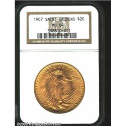 1907 $20 Arabic Numerals MS64 NGC. Lustrous muted orange fields with only a few small scattered cont