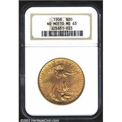 1908 $20 No Motto MS63 NGC. The lower obverse has a pair of miniscule rim dings, but otherwise this.