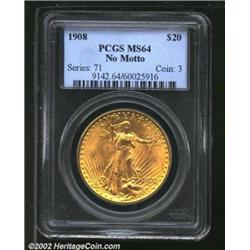 1908 $20 No Motto MS64 PCGS. Lustrous and sharply struck with a couple of obvious abrasions on each.