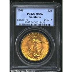 1908 $20 No Motto MS66 PCGS. This is an exceptionally smooth coin even for a date as common as the 1