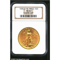 1908-D $20 No Motto MS63 NGC. Orange-golden surfaces with nice luster. A couple of light bag marks i