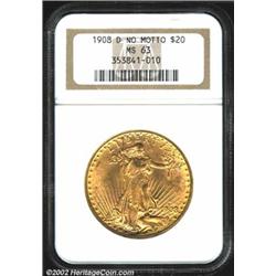 1908-D $20 No Motto MS63 NGC. Lustrous orange surfaces with scattered, mostly small abrasions in the