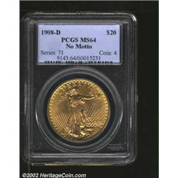 1908-D $20 No Motto MS64 PCGS. A satiny example with matte-like fields. Important notice: We expect.