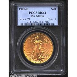 1908-D $20 No Motto MS64 PCGS. Flashy, lustrous golden surfaces with excellent great strike for its.