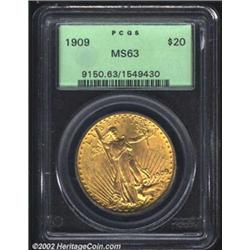 1909 $20 MS63 PCGS. A problem-free example with rich cartwheel luster and a carefully preserved reve