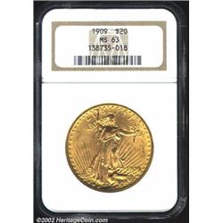 1909 $20 MS63 NGC. A Select Uncirculated example of this scarce, early Saint-Gaudens Double Eagle. T