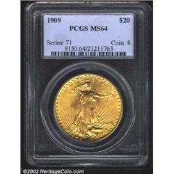 1909 $20 MS64 PCGS. Long overlooked in favor of the 1909/8, the 1909 plain is now widely recognized.