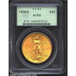 1909/8 $20 AU58 PCGS. A boldly struck example of this popular overdate. Rich, orange-golden surfaces