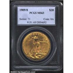 1909/8 $20 MS63 PCGS. The base color on both sides is olive-gold in shade, but direct angles reveal.