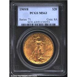 1909/8 $20 MS63 PCGS. Although several hundred 1909/8 Double Eagles emerged from hiding in Europe in