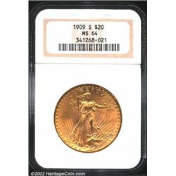 1909-S $20 MS64 NGC. Thickly frosted with lovely olive-gold and reddish-gold colors, the surfaces di