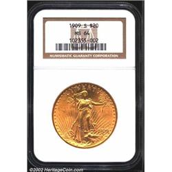 1909-S $20 MS64 NGC. Rich olive-gold color. A well struck near-Gem with flashy luster and relatively