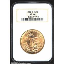 1909-S $20 MS64 NGC. A lustrous and well struck near-Gem. The mintmark leans awkwardly to the left,.