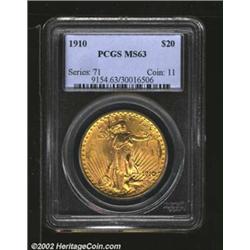 1910 $20 MS63 PCGS. A pleasing example of the date with satiny luster and a few small marks. Importa