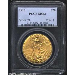 1910 $20 MS63 PCGS. Golden-orange surfaces with somewhat frosty luster. Reasonable strike with no ou