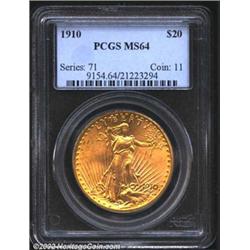 1910 $20 MS64 PCGS. Fully defined throughout with attractive soft, frosted mint luster. Important no