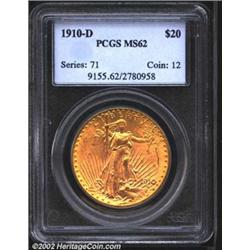 1910-D $20 MS62 PCGS. This golden-rose, BU quality example is free of bothersome incompleteness of d