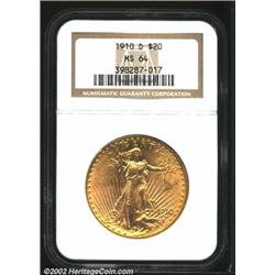 1910-D $20 MS64 NGC. Bold strike and vibrantly lustrous surfaces. Some light scattered field marks p