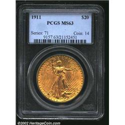 1911 $20 MS63 PCGS. Honey-gold surfaces with nice satiny luster and scattered abrasions. Important n