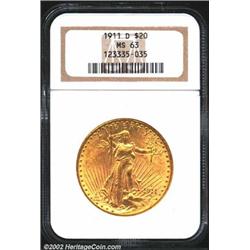 1911-D $20 MS63 NGC. Warm olive-gold undertones peer through more vivid golden-rose patina. This is.