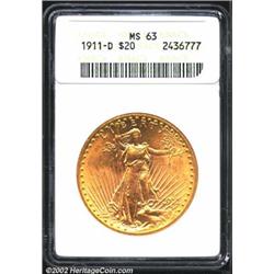 1911-D $20 MS63 ANACS. Deep golden, frosty lustrous surfaces with good strike. No major distractions