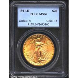 1911-D $20 MS64 PCGS. A sharply struck and flashy near-Gem that has rich honey-gold patina. The reve