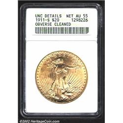 1911-S $20--Obverse Cleaned--ANACS. Unc Details, Net AU55. A sharply struck and lustrous Double Eagl